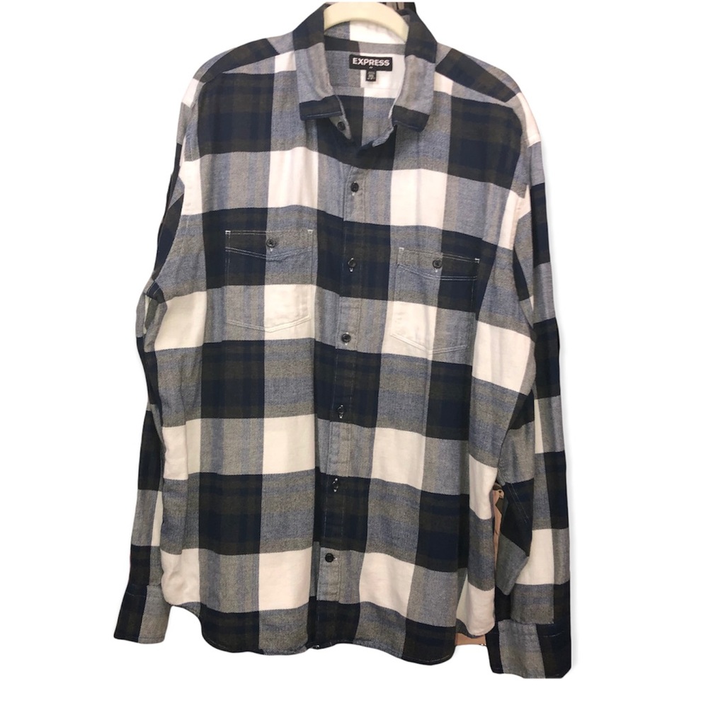 EXPRESS 100% Cotton Long Sleeve Blue/Gray plaid men’s Shirt‎ Sz XXL